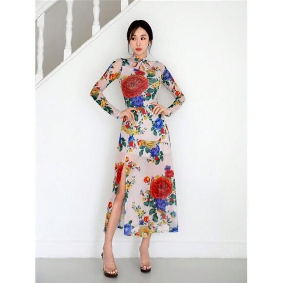 Variété Boutique Dresses & Skirts - Women's Vintage Cheongsam Dress With Chinese Style Floral Print And High Slit